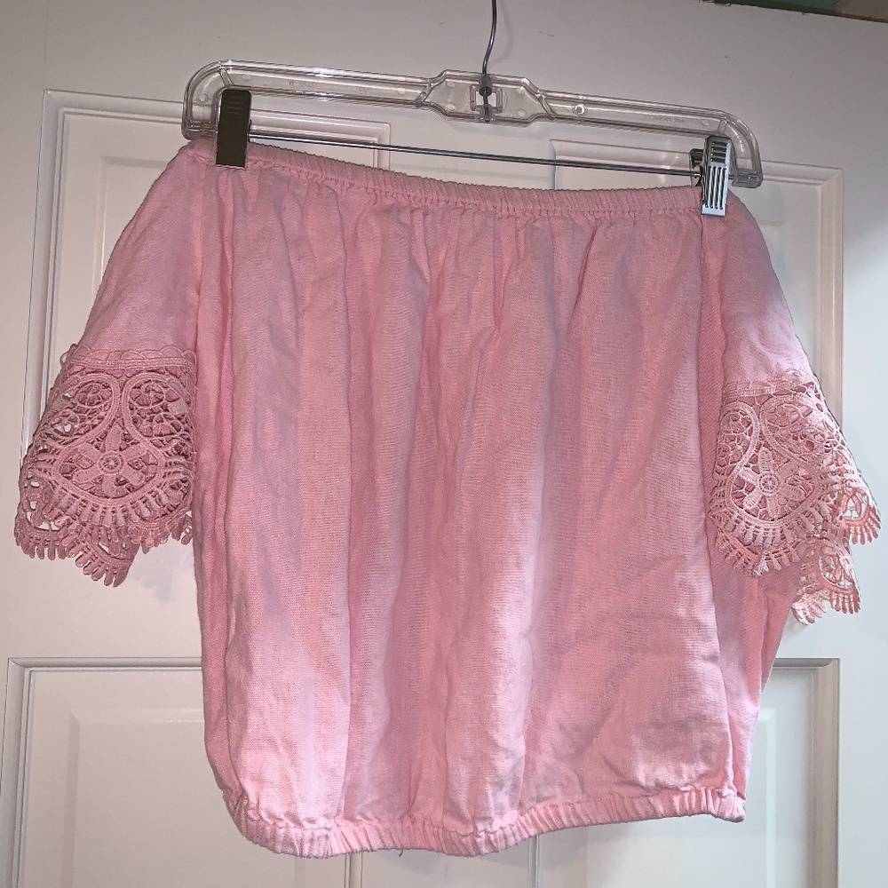 pink linen off shoulder top